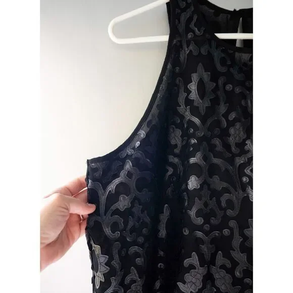 Analili "Leather" Laser Cut Out Detailed Edgy Black Tank Top Blouse L - Picture 4 of 12